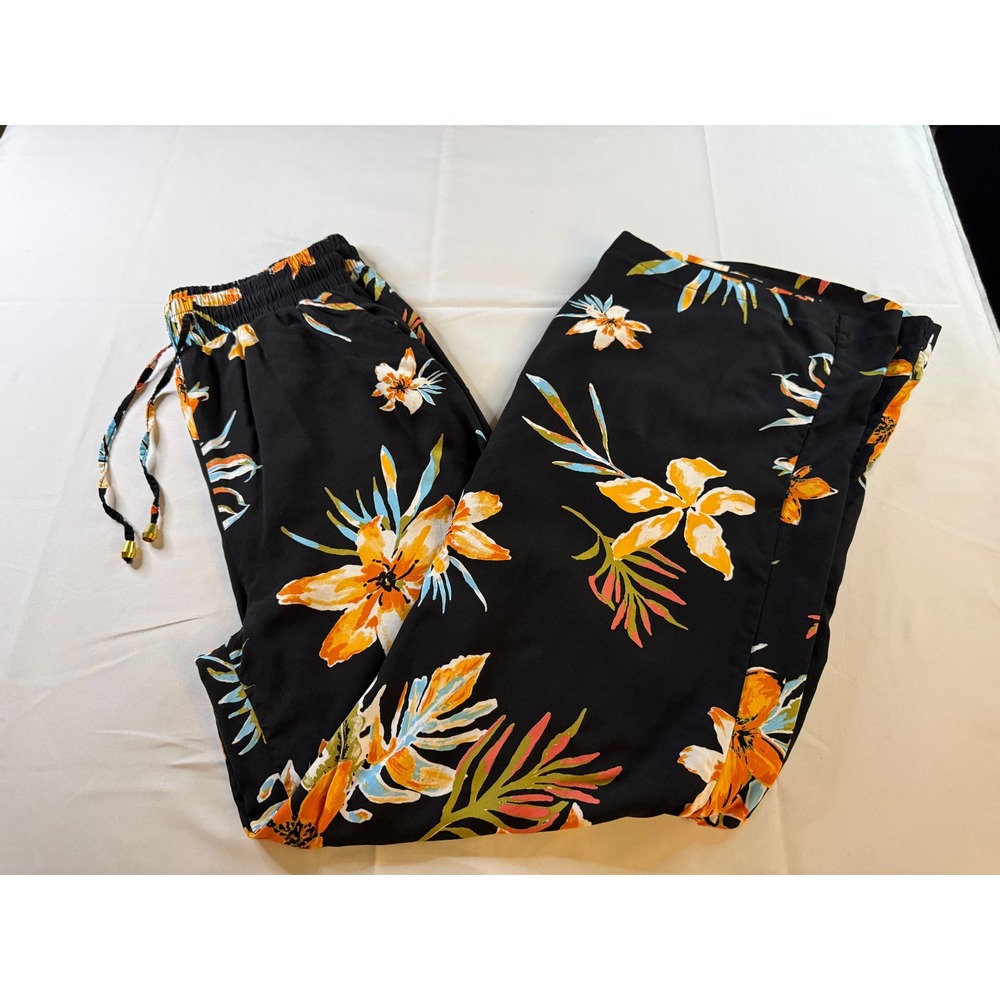 Indero Tropical Floral Wide Leg Pants Black Orange Hibiscus Size M Pockets